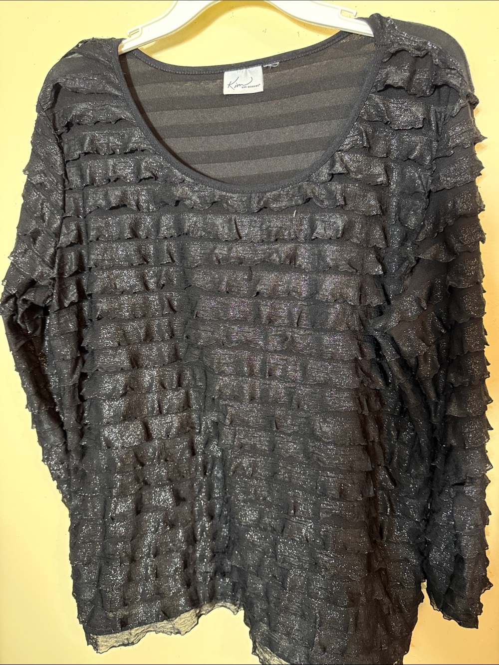 Kim Rogers Black Sparkle Ruffle Long Sleeve Top